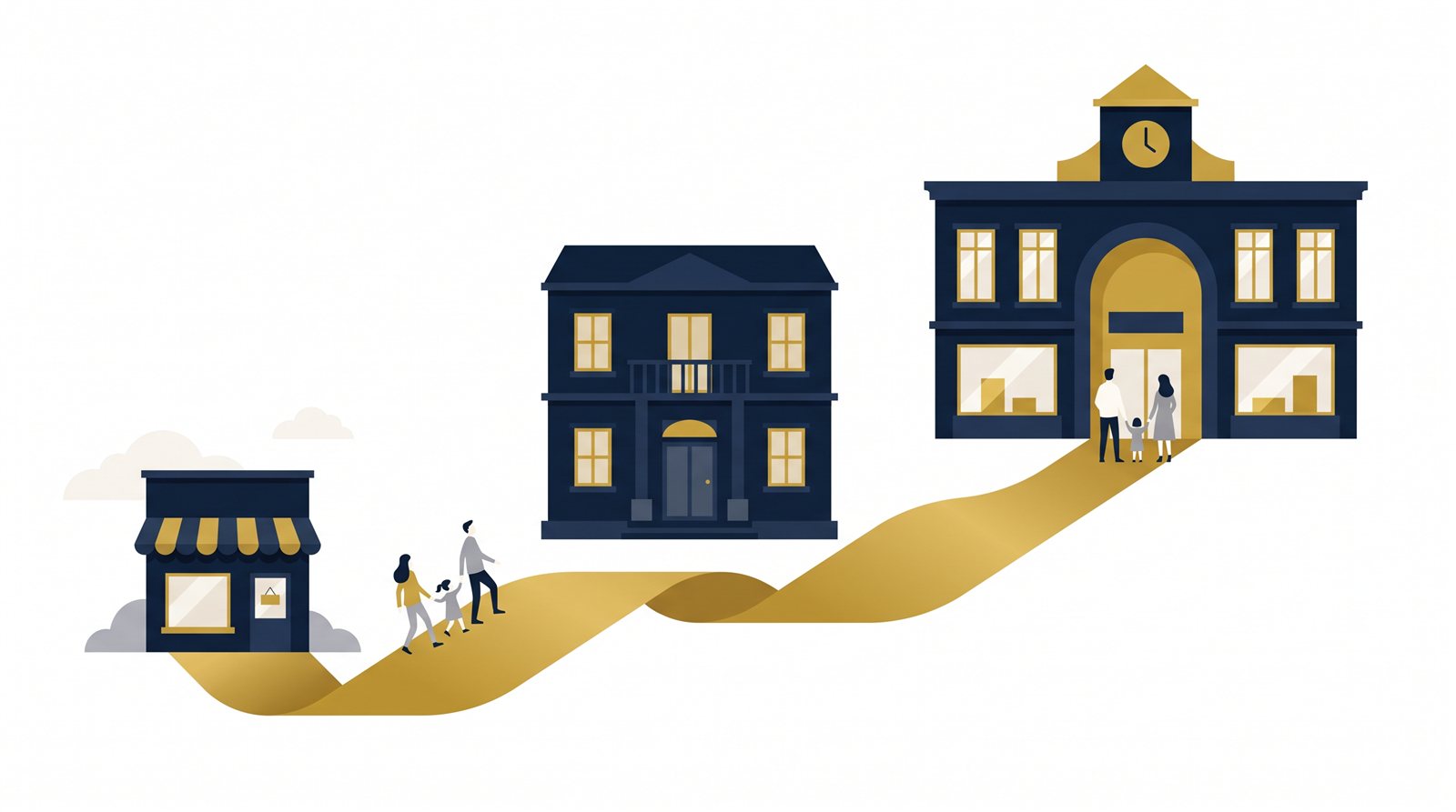Illustration of a small storefront growing into a flagship shop along a golden path