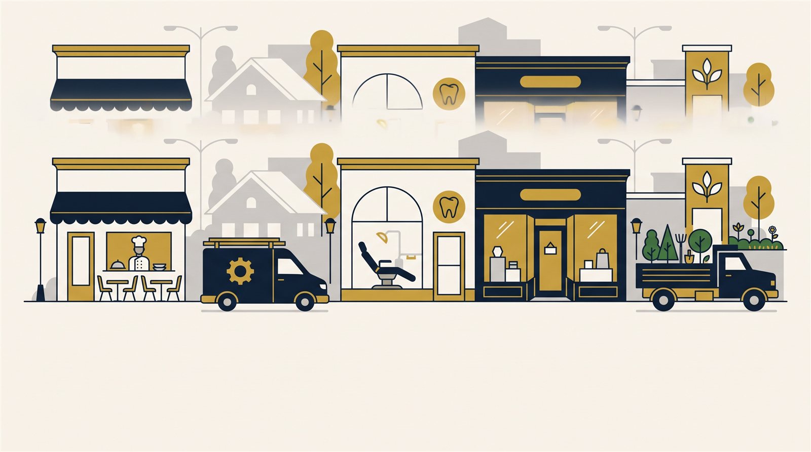 Illustration of five family business storefronts: restaurant, HVAC, dental, retail, landscaping