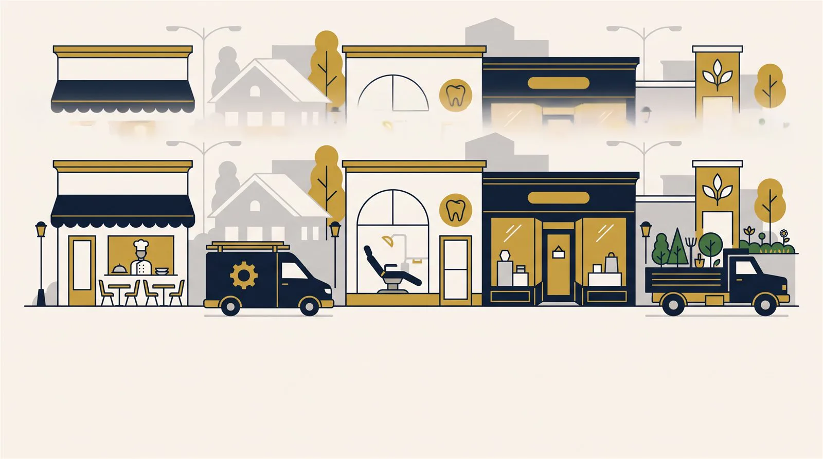 Illustration of five family business storefronts: restaurant, HVAC, dental, retail, landscaping