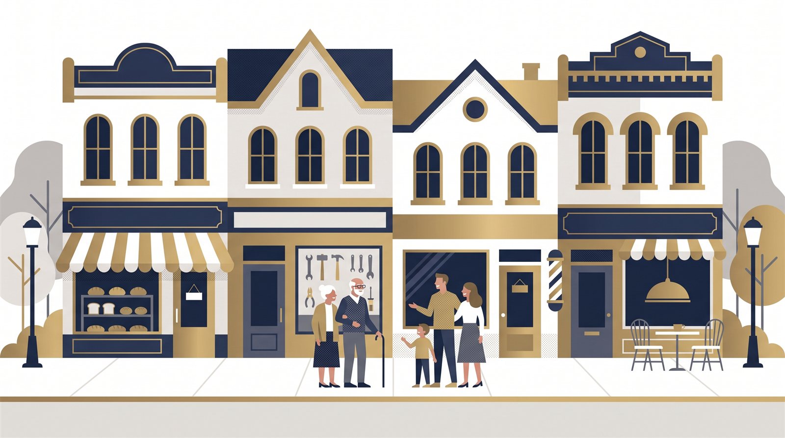 Illustration of a main street of family-owned storefronts