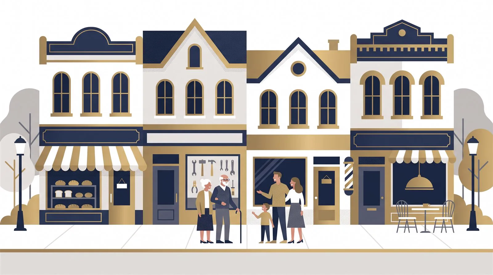 Illustration of a main street of family-owned storefronts
