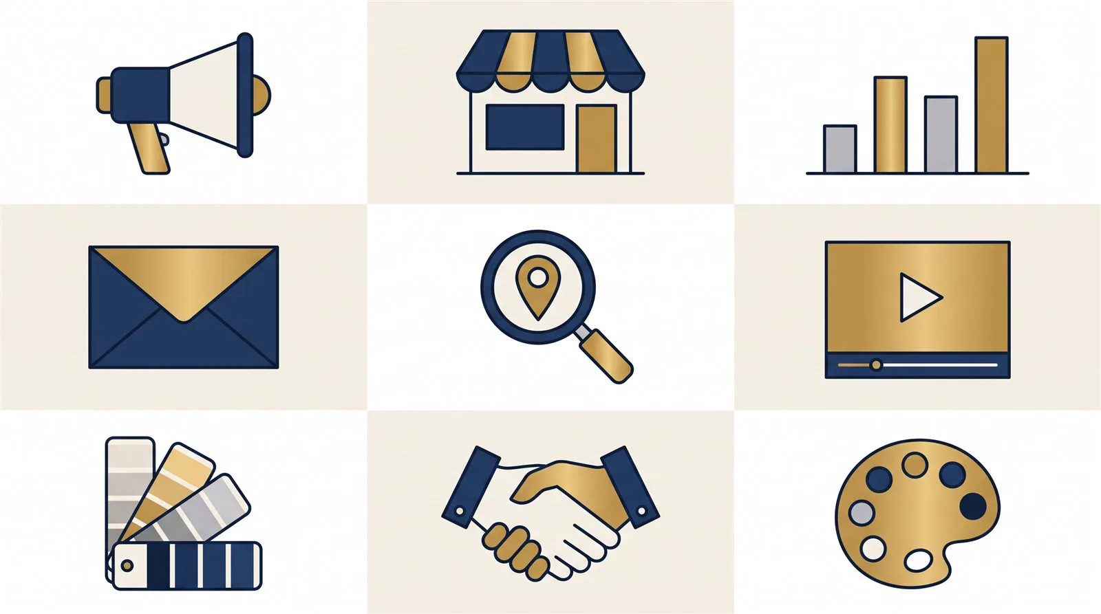 Illustration of marketing tools: megaphone, storefront, charts, video, and search