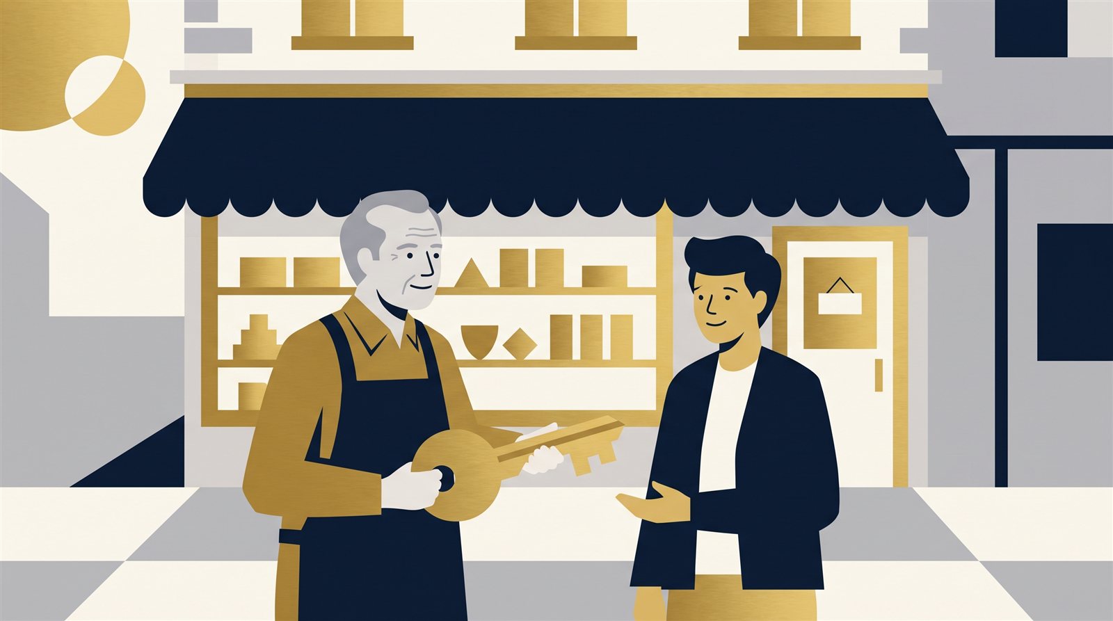 Illustration of a shopkeeper handing the store key to the next generation