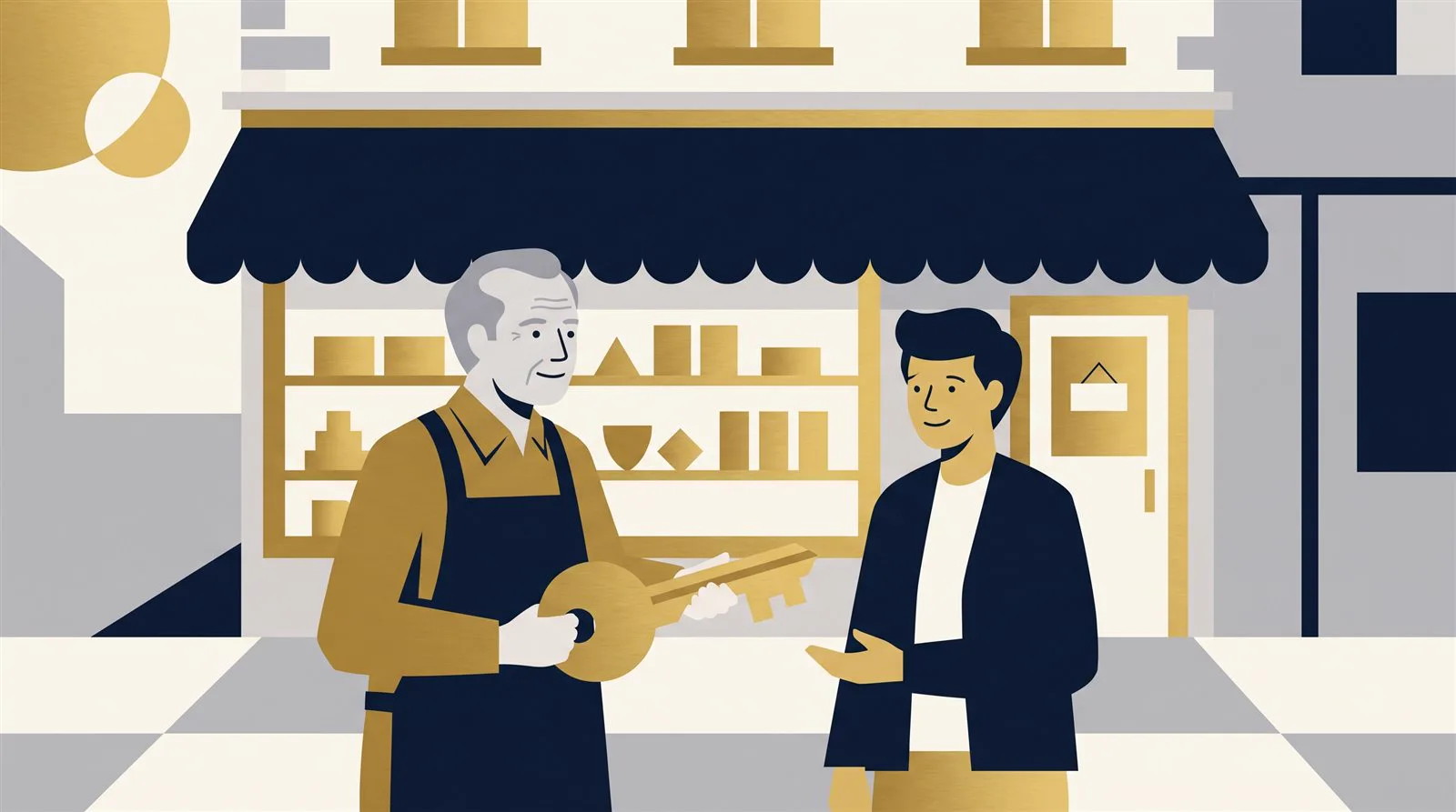 Illustration of a shopkeeper handing the store key to the next generation