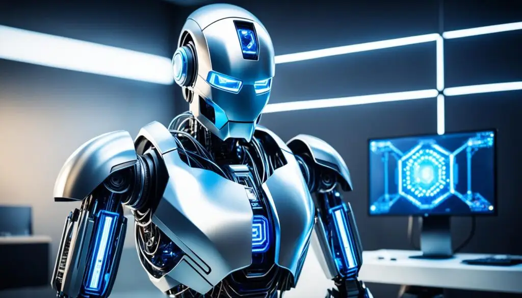 Futuristic robot with blue accents and glowing features, set in a tech environment with a computer displaying data analytics, symbolizing advancements in AI and machine learning for search optimization.