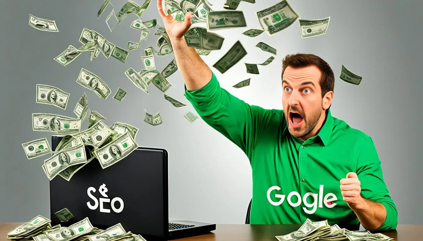 Man in green shirt expressing frustration while money flies from a laptop labeled "SEO" and "Google," illustrating the financial impact of Google's March 2024 updates on small businesses.