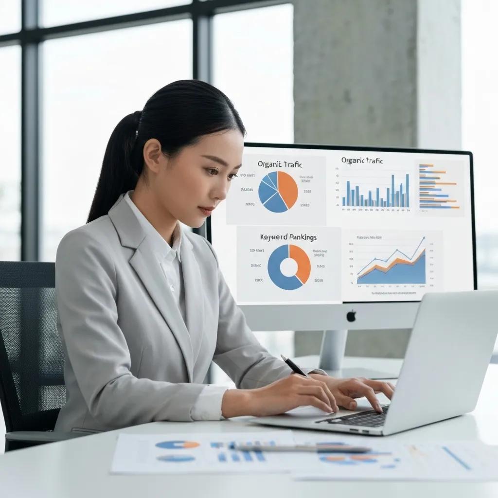 Business professional analyzing SEO performance metrics on a laptop, with charts displaying organic traffic and keyword rankings in a modern office setting.