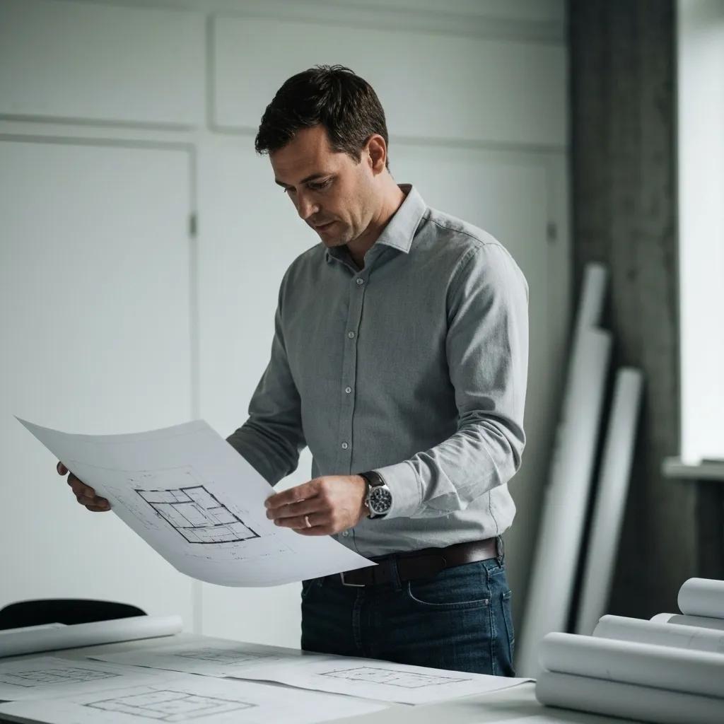 Business professional reviewing architectural plans on a desk, emphasizing the importance of strategic planning and due diligence in performance-based SEO.