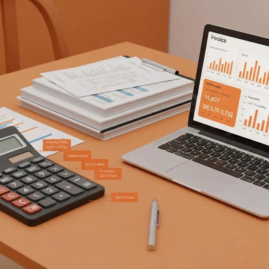Calculator and financial documents on a desk, illustrating SEO pricing models and performance metrics in a professional setting.