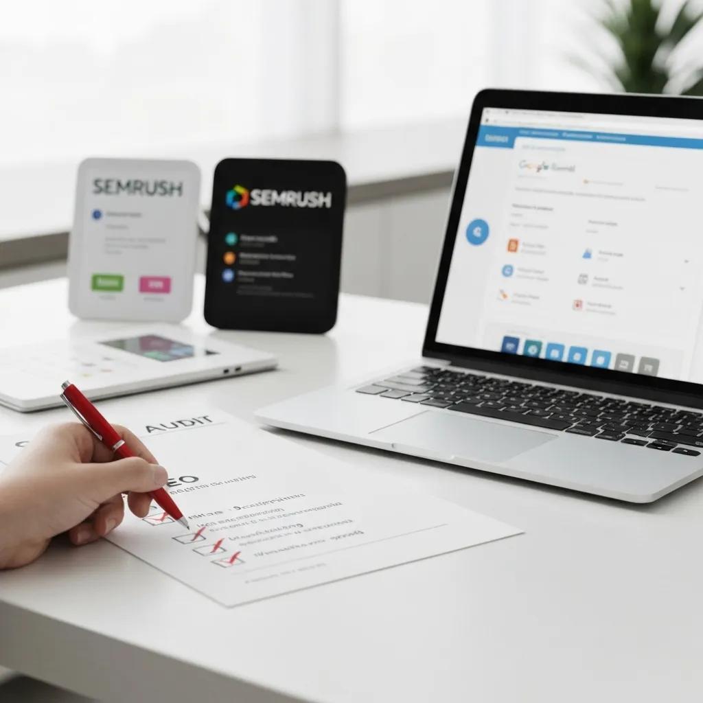Close-up of a hand completing an SEO audit checklist on a desk, with a laptop displaying digital marketing tools and SEMrush branding visible in the background.
