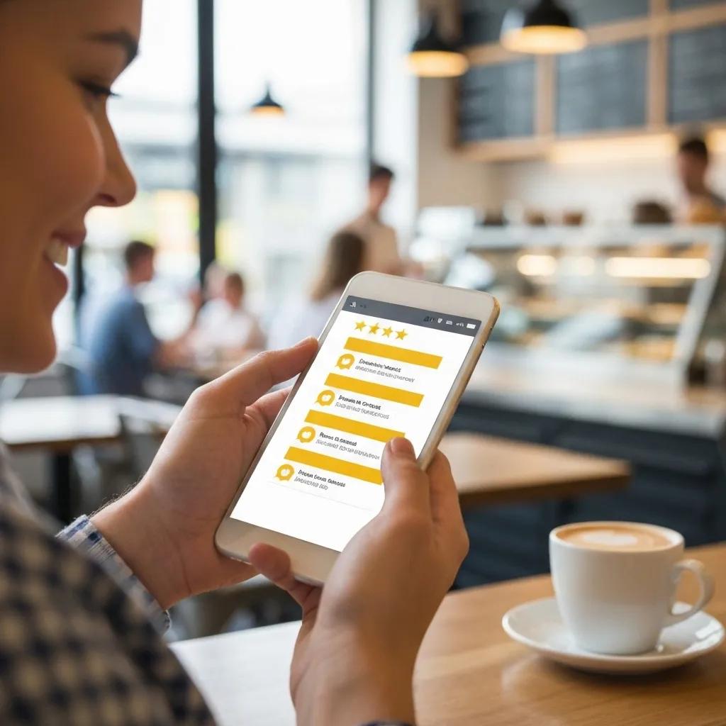 Customer reviewing positive feedback on mobile device in caf&eacute;, showcasing five-star ratings and comments related to review management tools.