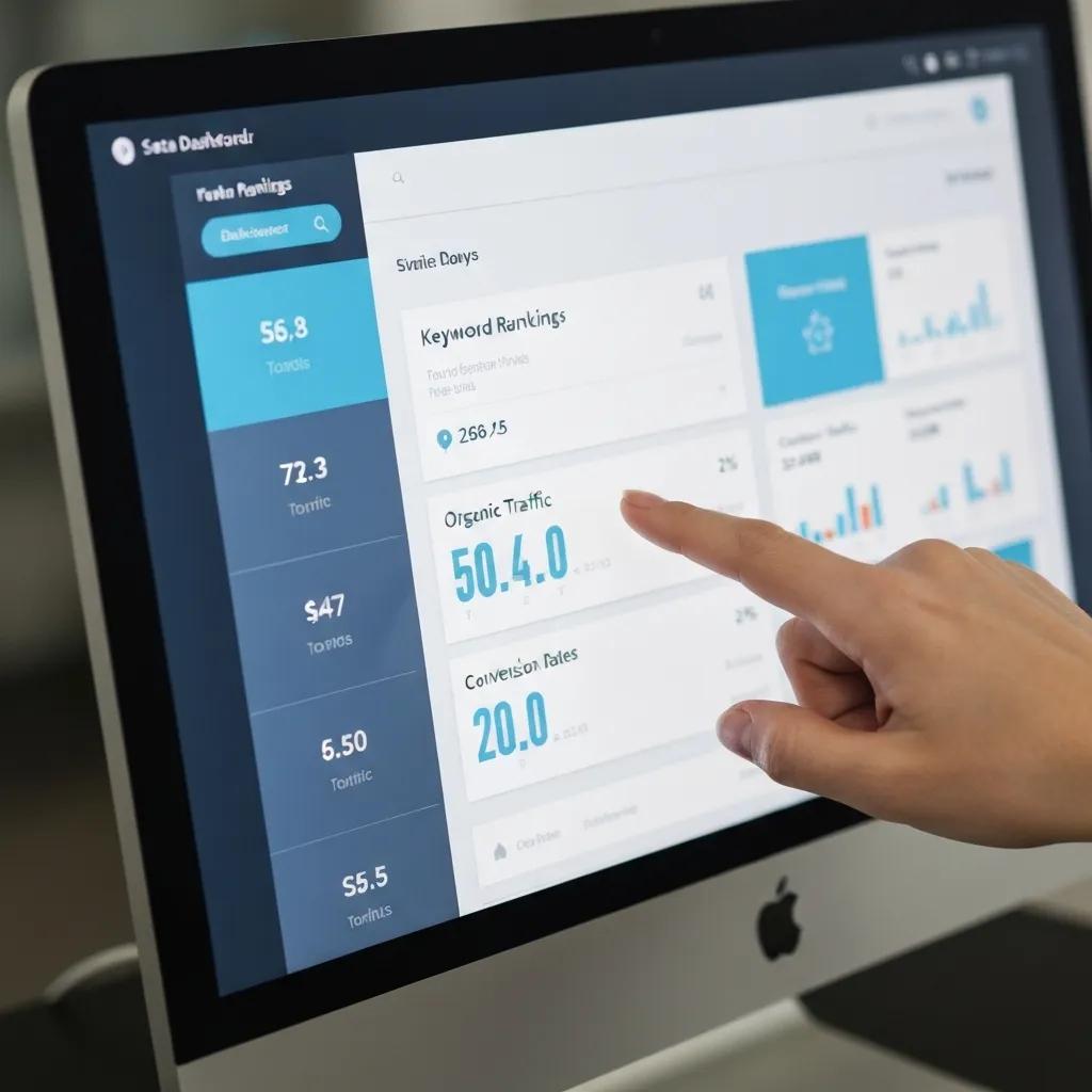 Dashboard displaying key SEO metrics including keyword rankings, organic traffic, and conversion rates, with a hand pointing to performance indicators, relevant to results-based SEO strategies and pricing models.