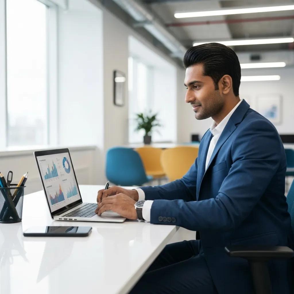 Professional analyzing SEO performance metrics on laptop in modern office setting, focusing on data-driven results for pay-for-performance SEO strategies.