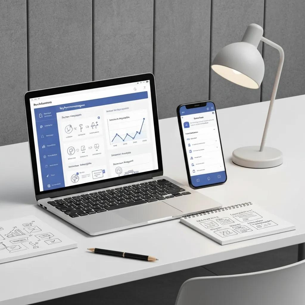 Laptop and smartphone displaying review management software interface on a modern desk, with a lamp and notepad featuring sketches, illustrating tools for managing online reputation and customer feedback.