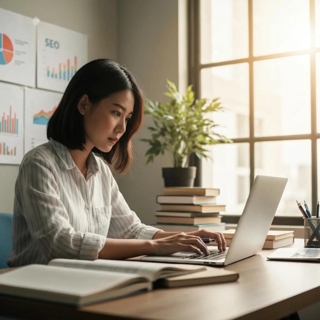Woman analyzing website performance on laptop, surrounded by books and SEO charts, emphasizing small business growth through SEO audits.