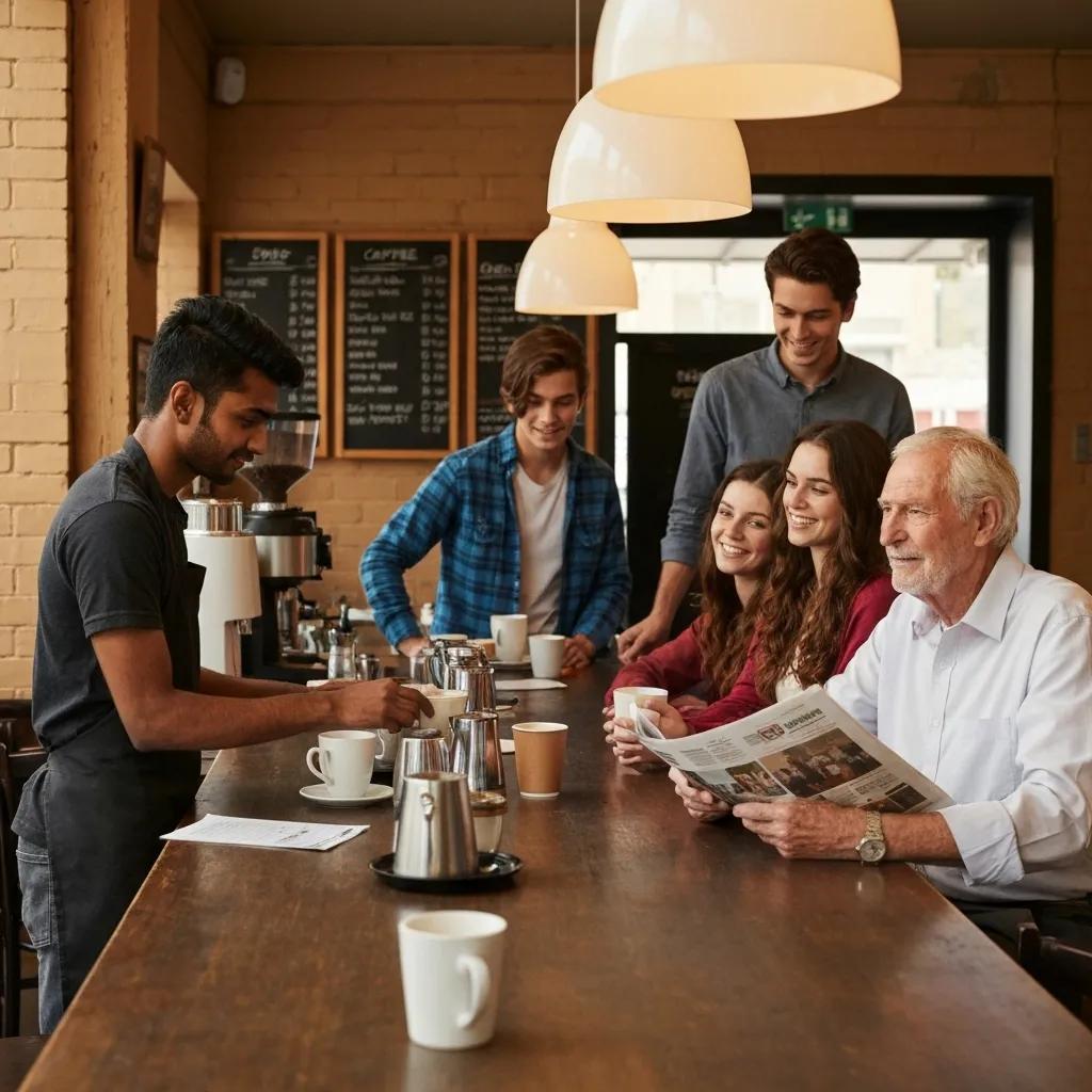 Small business owner serving coffee in a cozy caf&eacute;, with a group of customers enjoying drinks and engaging in conversation, highlighting the importance of community and customer interaction in building an online reputation.