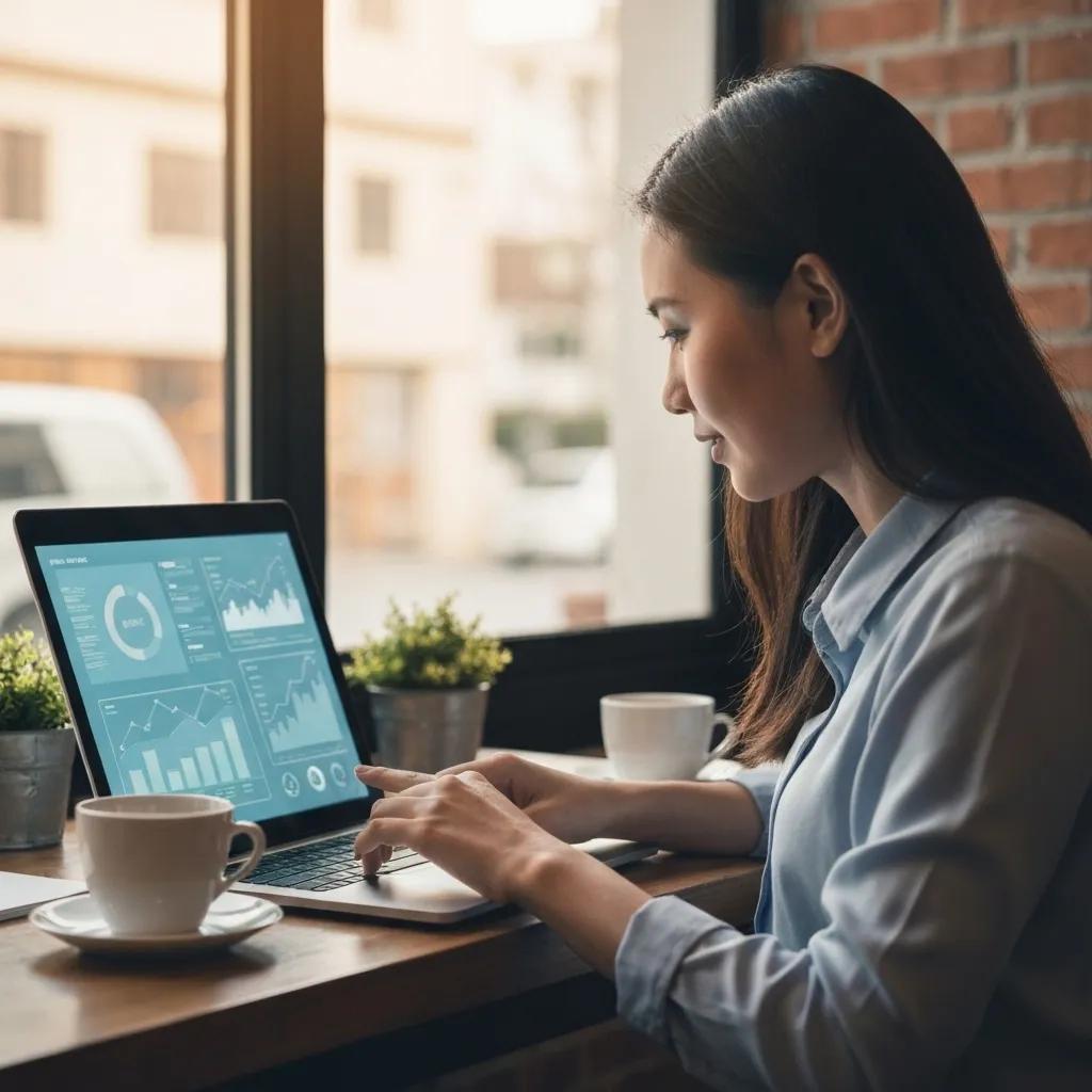 Woman using laptop in caf&eacute;, analyzing data and insights for small business growth, with coffee cup and plants on table, emphasizing AI technology's role in enhancing productivity.