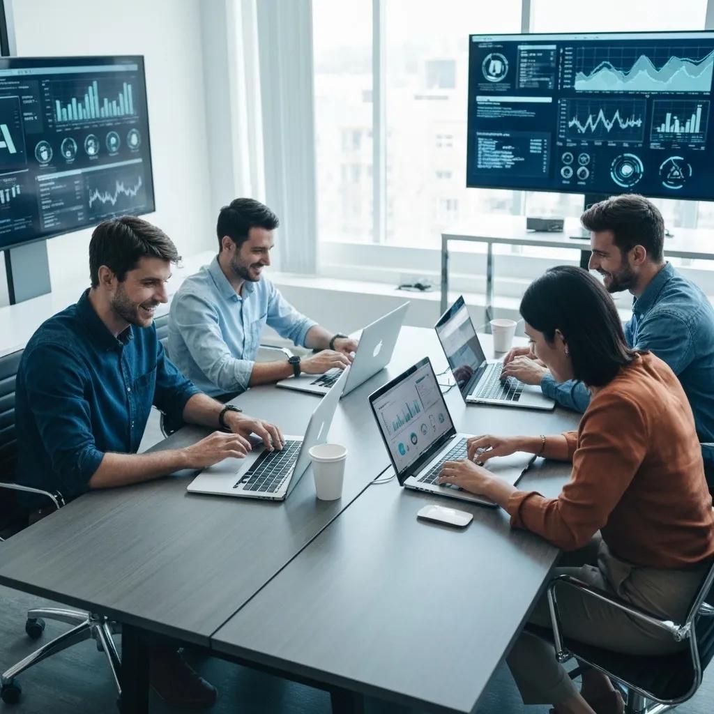 Team collaborating in a modern office, utilizing laptops and analyzing data on screens, showcasing AI-driven insights for small business operations and growth.