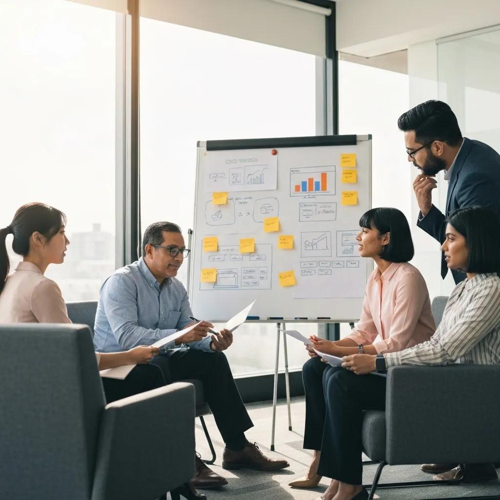 Team meeting discussing SEO strategies and agency selection, with charts and notes on a whiteboard, emphasizing performance-based pricing models.