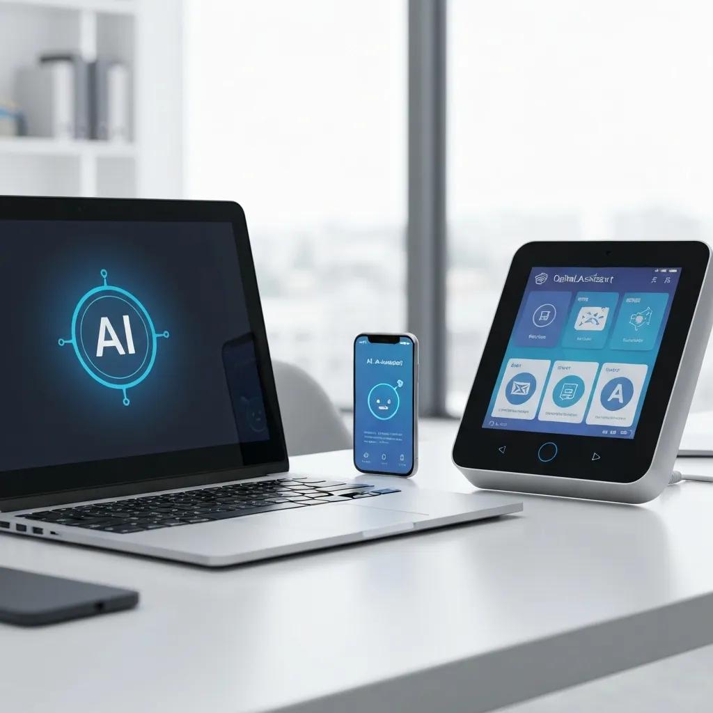 AI tools on a desk featuring a laptop, smartphone, and tablet, representing solutions for small businesses and entrepreneurs to enhance decision-making and operational efficiency.